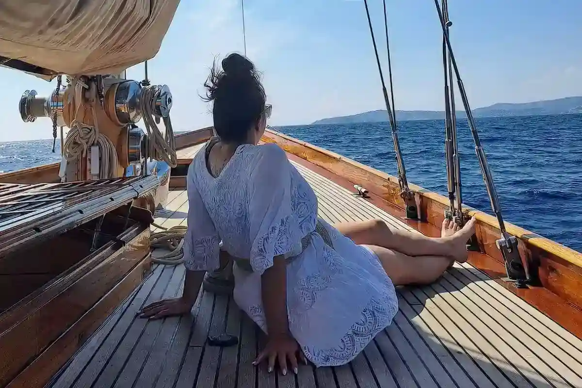 Lady relaxing on Deck for the Vele d'Epoca di Imperia